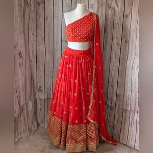 Beautiful Bright Orange and Gold Lehenga Choli Set